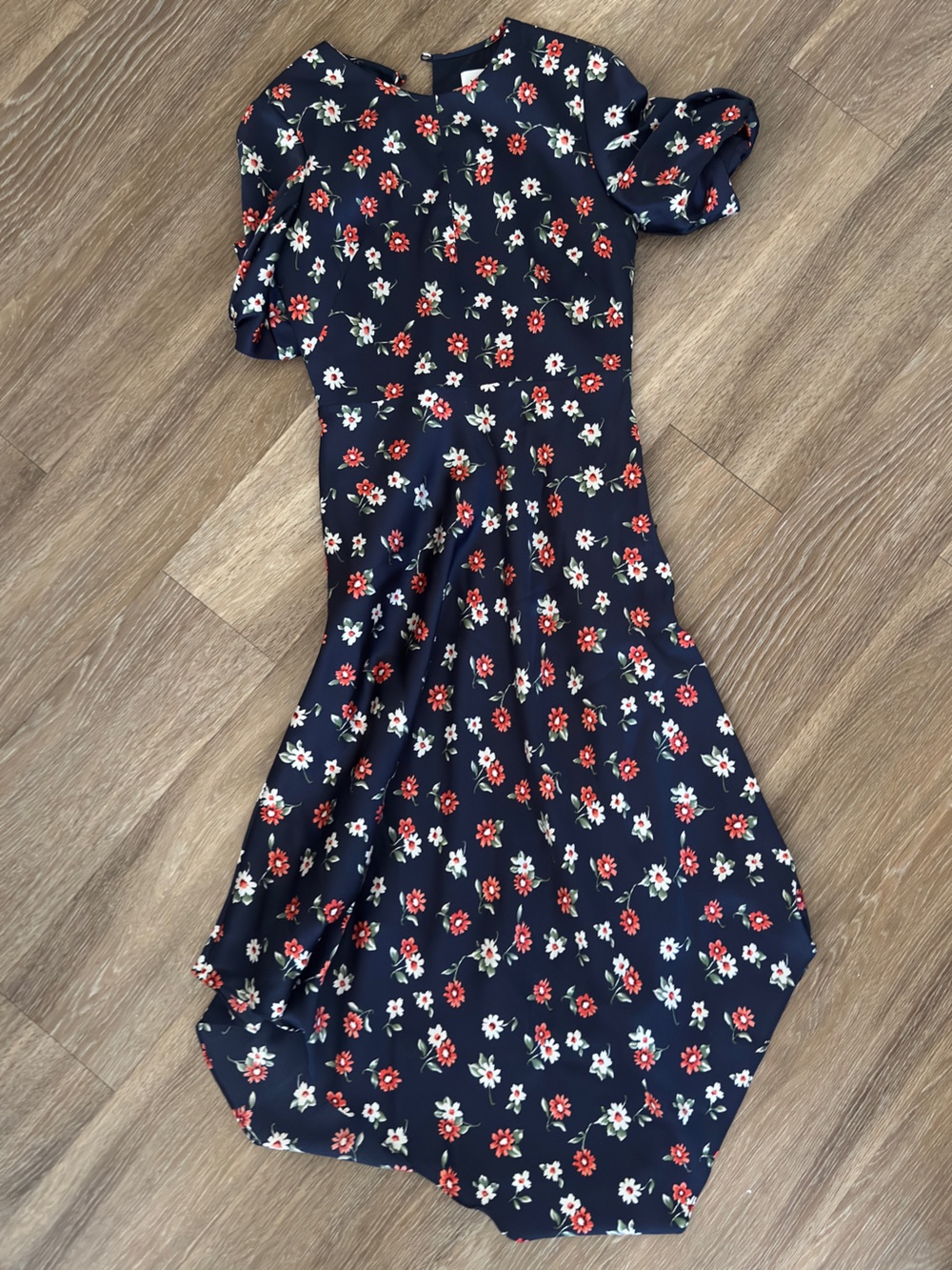 Milly Navy Floral Midi Dress with Red and White Flowers